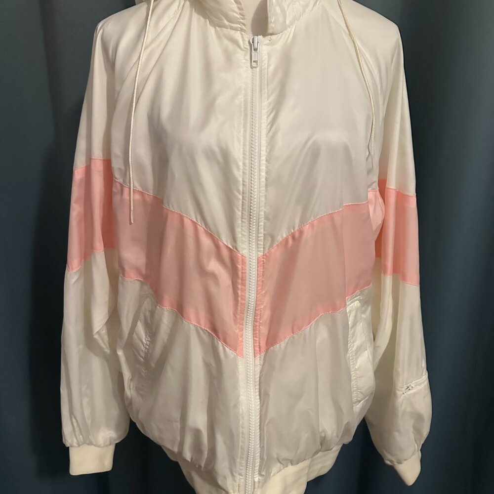 Vintage Duckster Windbreaker Jacket Women’s XL Pink White Nylon Hooded